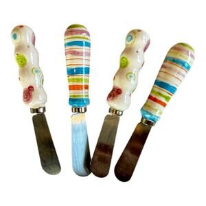 Lot 4 Vintage Cheese & Butter Stainless Steel Blade Spreaders Ceramic Confetti